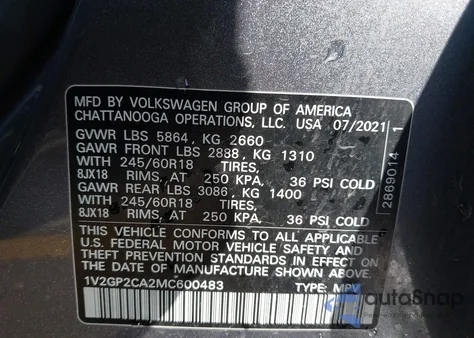 2021 Volkswagen Atlas 2.0T S z USA, uszkodzony, nr VIN 1V2GP2CA2MC600483